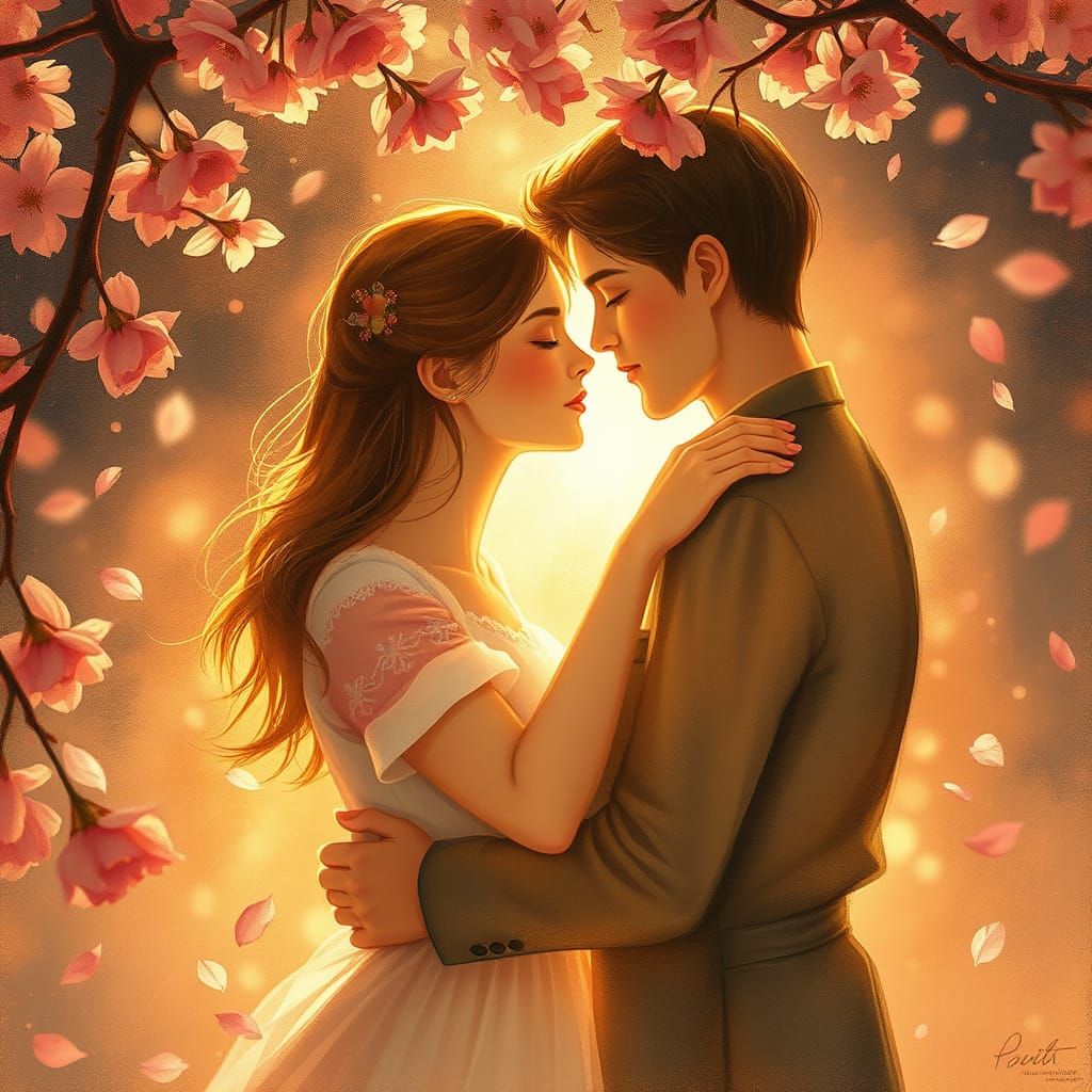 Tender Couple in Golden Light, Surrounded by Cherry Blossoms