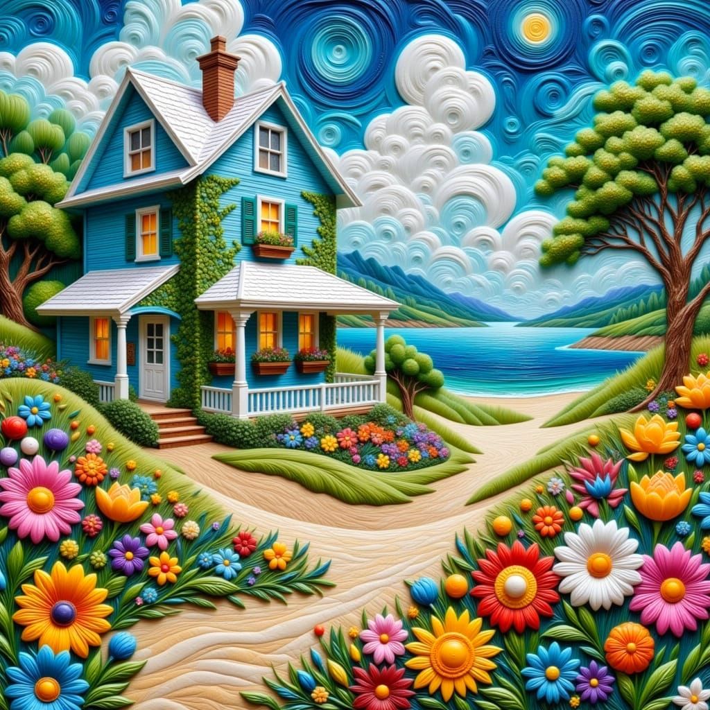 Dreamlike Beach House with Vibrant Facade and Whimsical Deta...