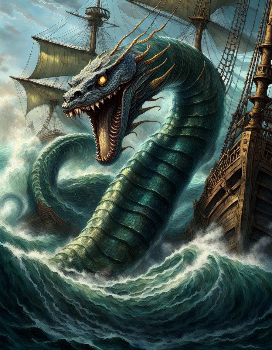 Menacing Sea Serpent Attacks Galleon: Digital Painting