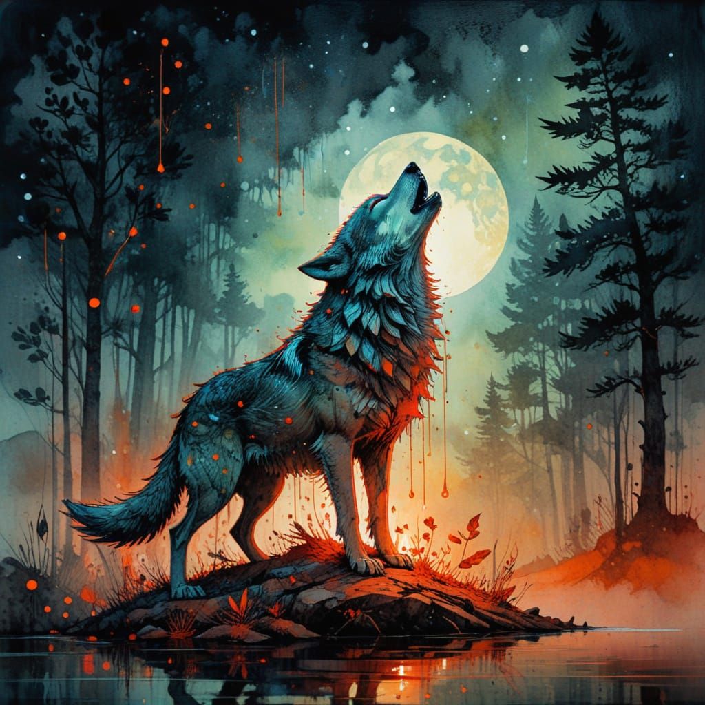 Whimsical Watercolor Howling Wolf in Vibrant Red and Tangeri...