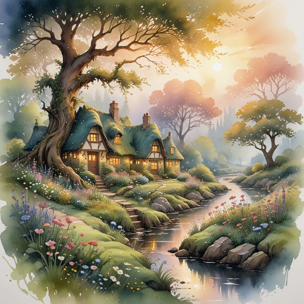 Mystical Woodland Glen at Dawn in Watercolour