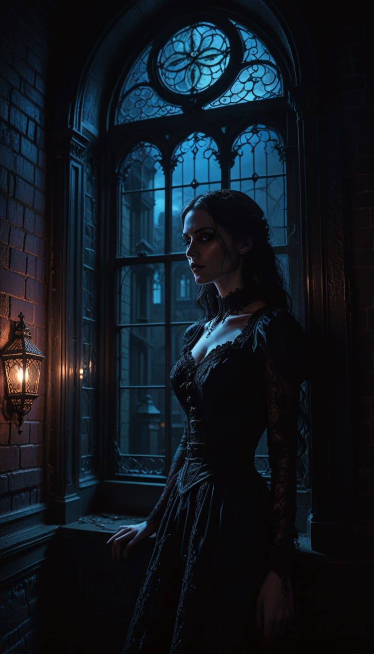 Victorian Woman Gazes From Gothic Window, Neon Cityscape