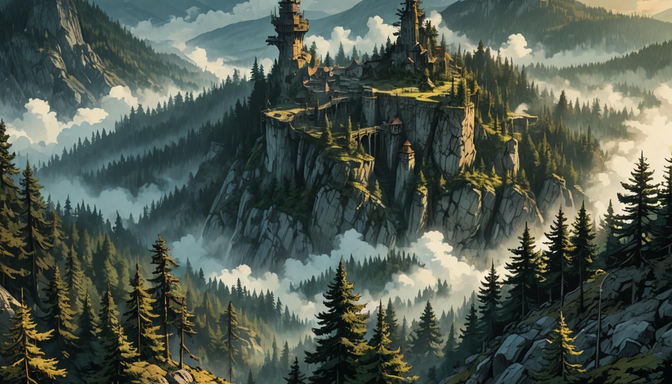 Vibrant Dawn in a Dense Pine Forest as a Retro Fantasy Scene