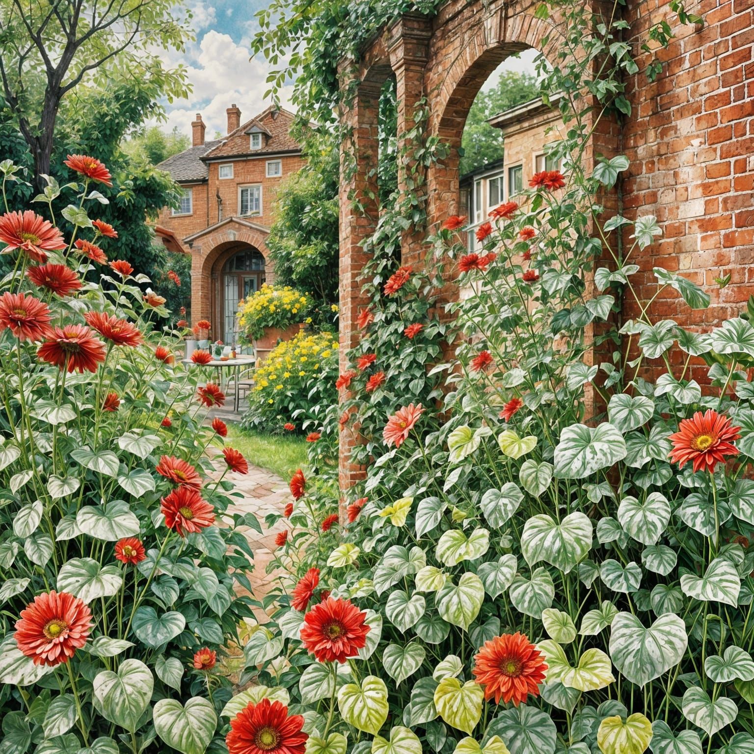 Beautiful Garden in Watercolor with Flowering Plants