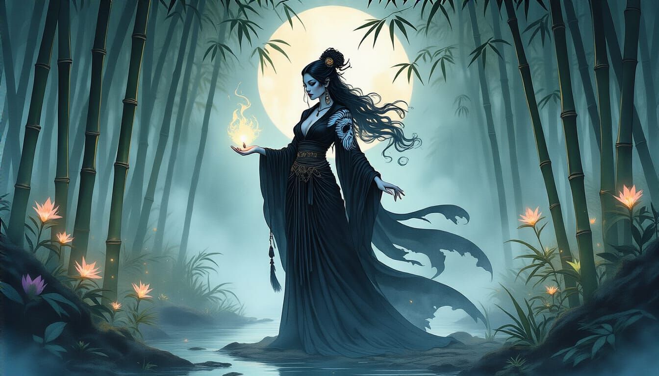 Mysterious Sorceress Casting Spell in Moonlit Forest