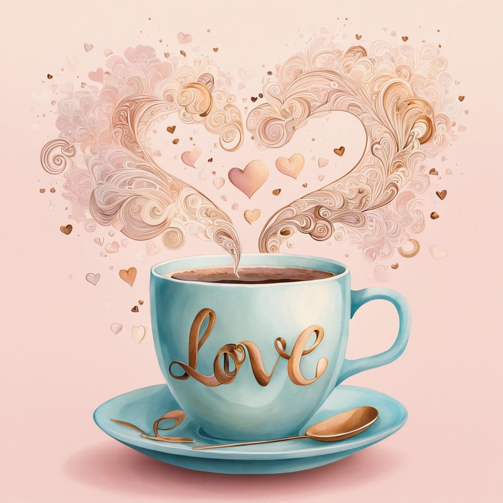 Whimsical Coffee Cup Painting with Rising LOVE Letters