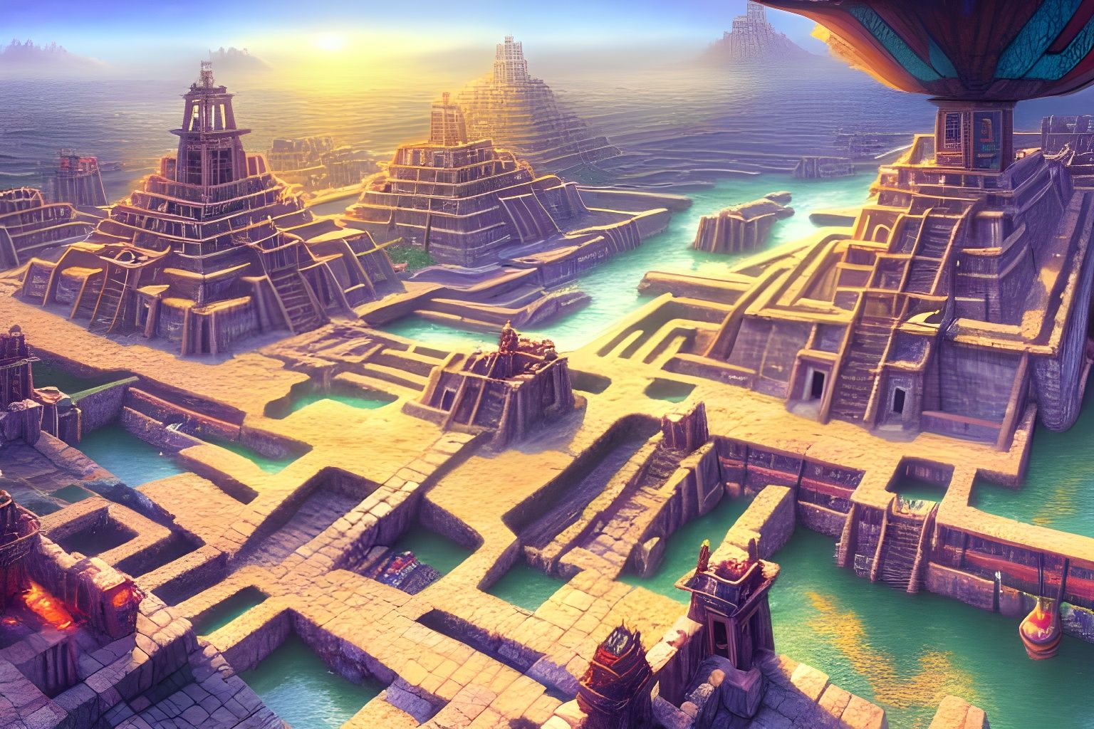 Detailed Aztec City with Canals in Digital Art Style