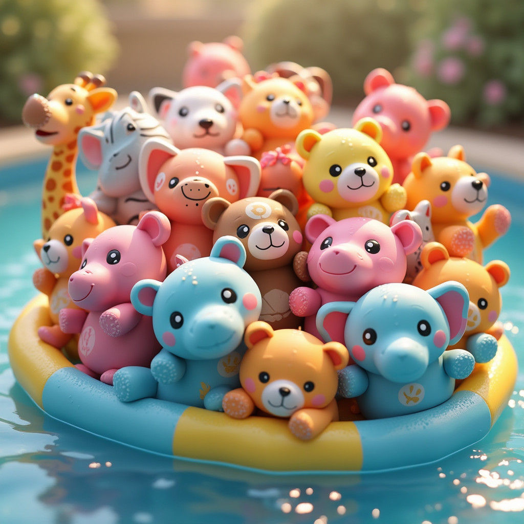 Vibrant Miniature Pool Toys in Whimsical 3D Anime Style