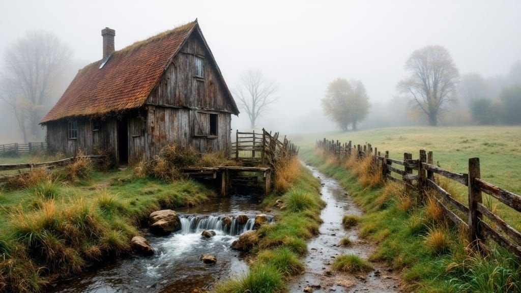Vintage Barn by Rocky Stream in Morning Mist