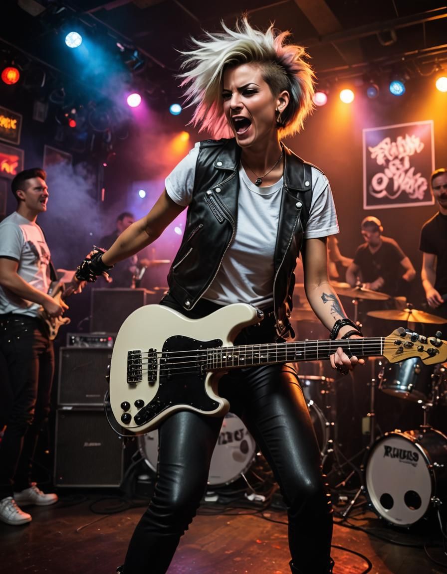 Fierce Punk Bassist in Dive Bar Light Show