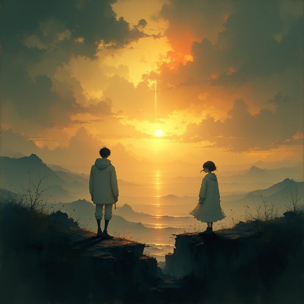 Silhouetted Figures Connect by Golden Light at Sunset