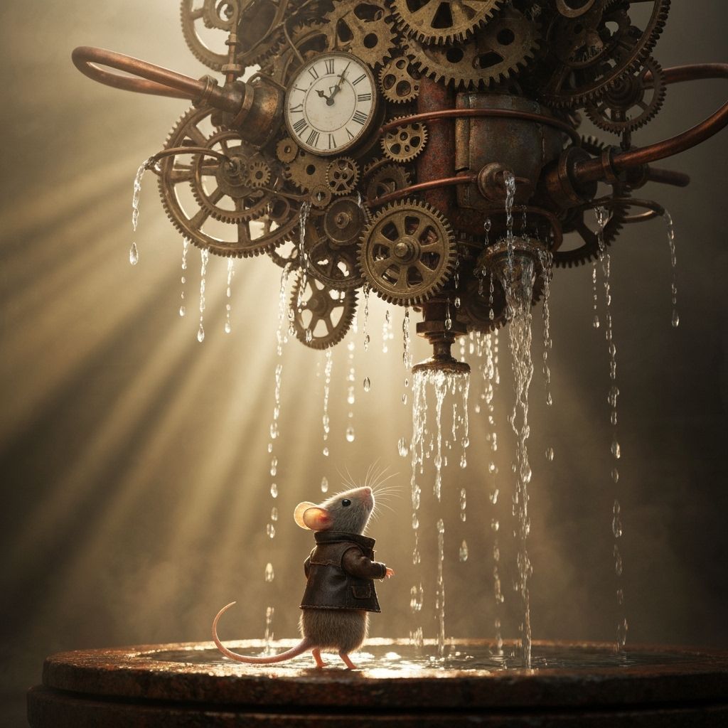 Mouse Gazing at Steampunk Fountain in Syd Mead Style