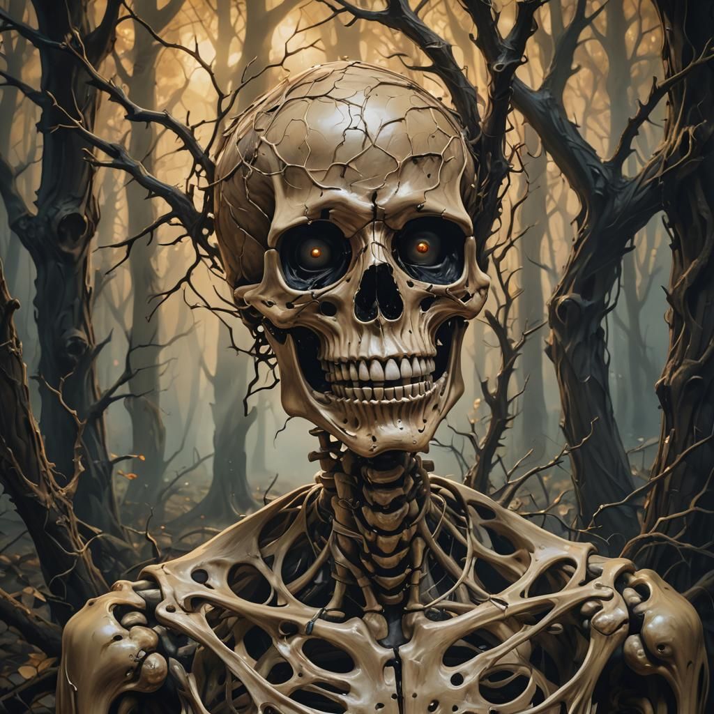 Surreal Cartoon Skeleton Reveals Itself in Mystical Forest