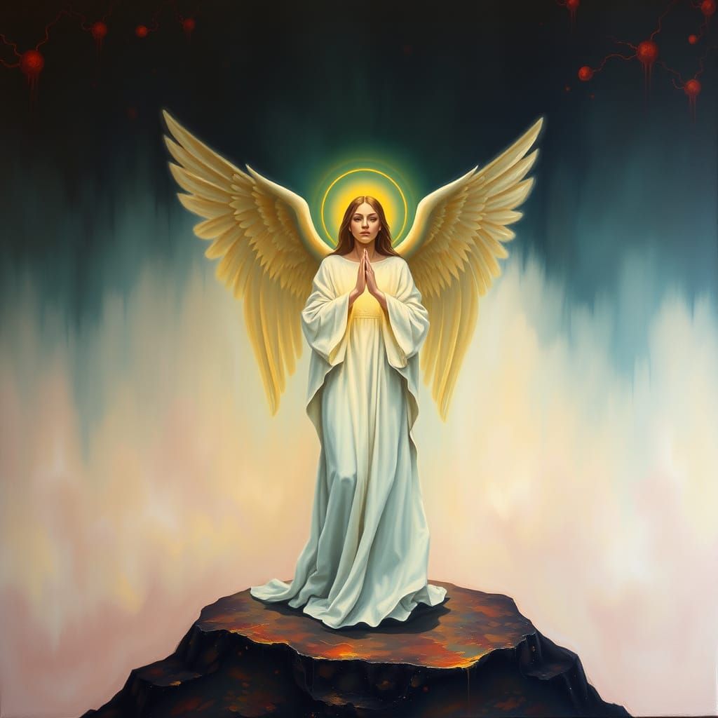 Angel at the Threshold of Two Realms in a Dreamlike Landscap...