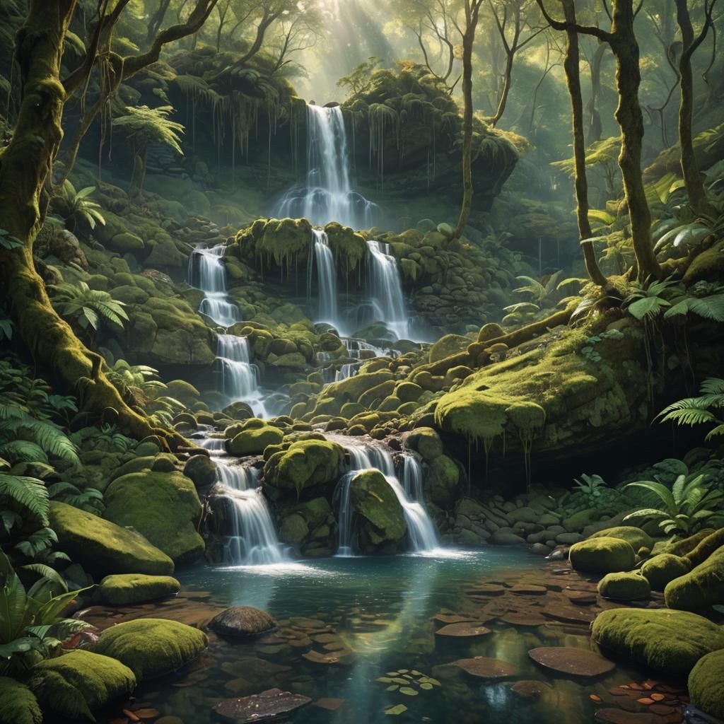 Lush Forest Crystal Waterfall in Digital Painting Style