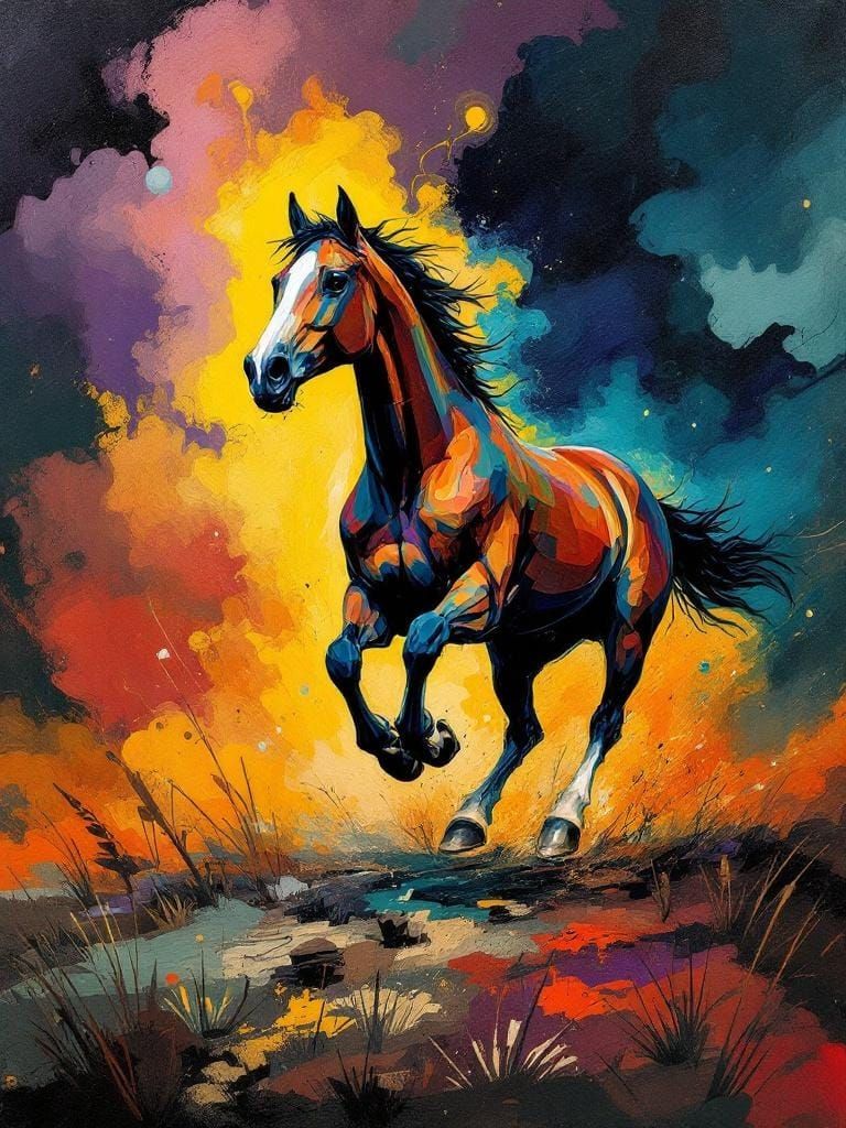 Horse Galloping Through Smoky Landscape in Expressionist Sty...