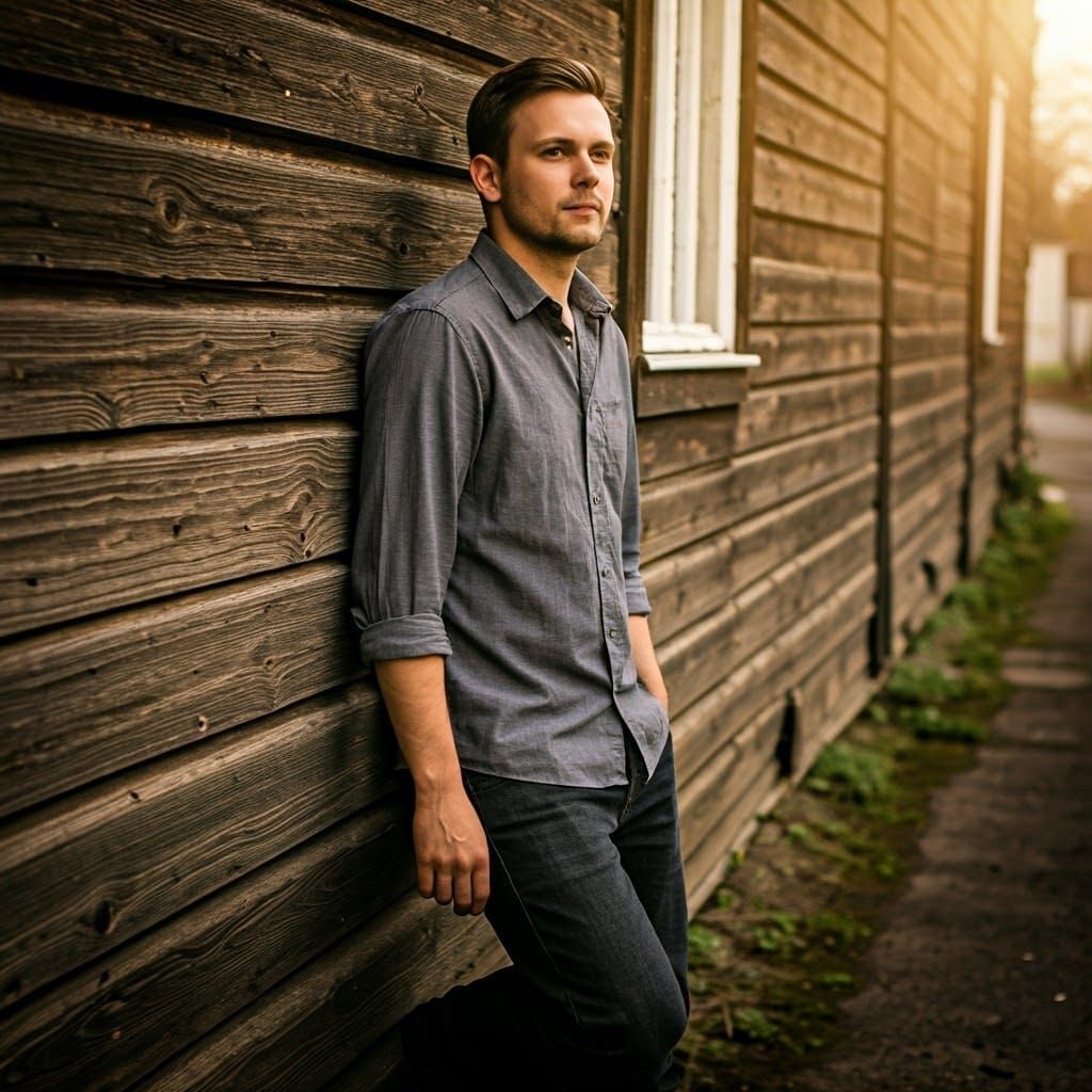 Young Man Leans Against Rustic Wooden Wall in Warm Sunlit Al...