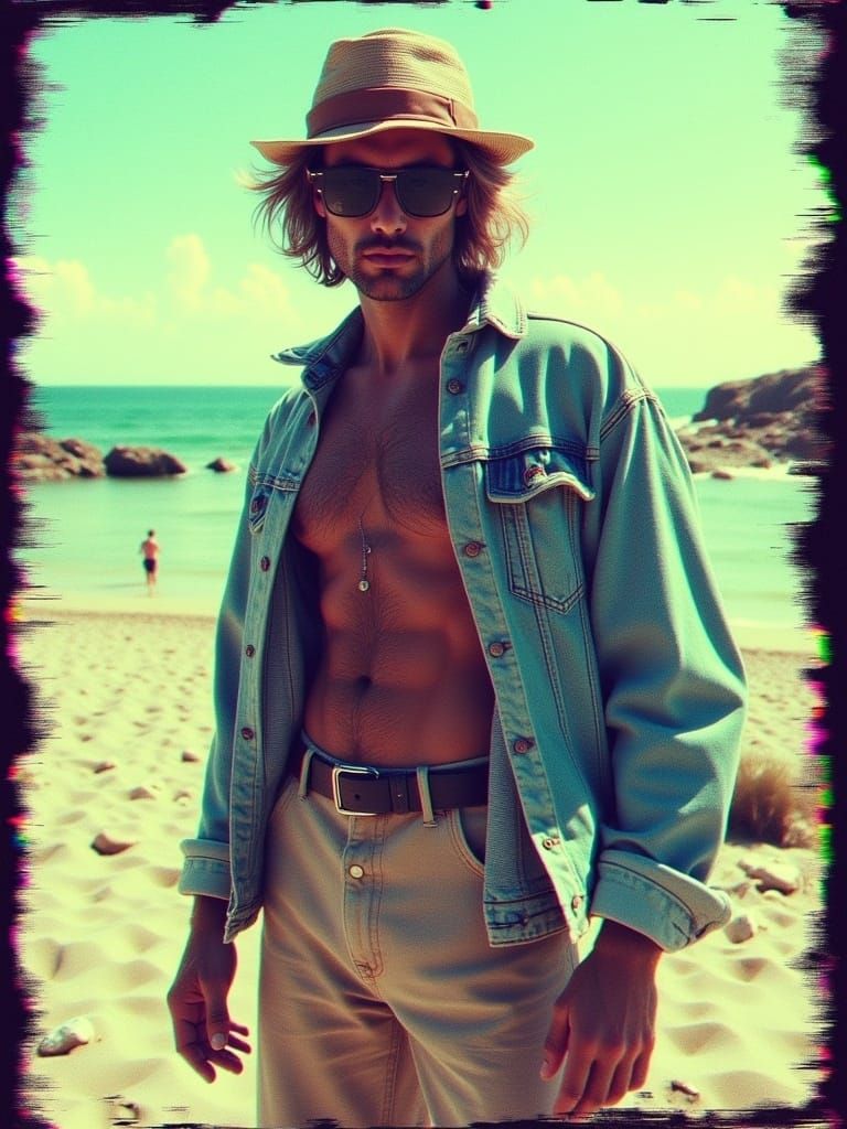 Retro Surfer Man in Glitch Art Style