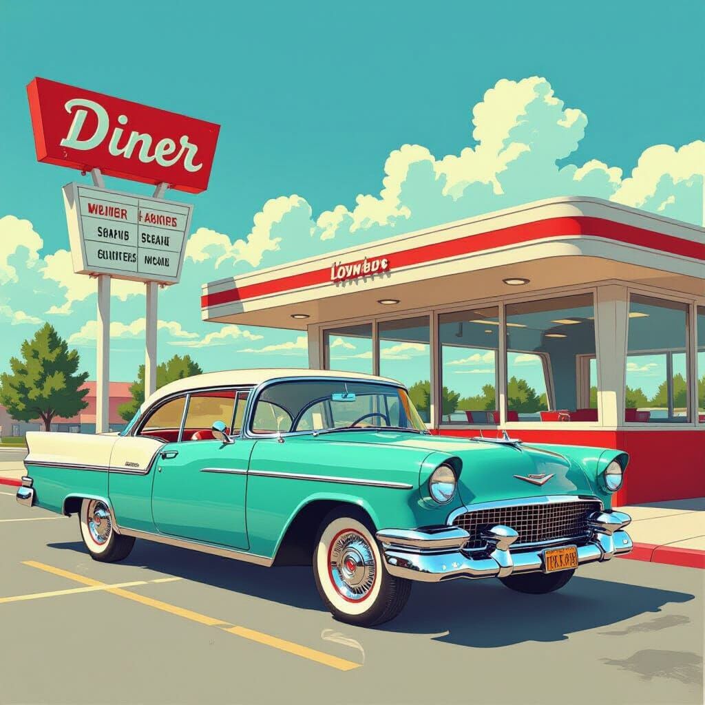 1950s Car at Diner in Pop Art Style
