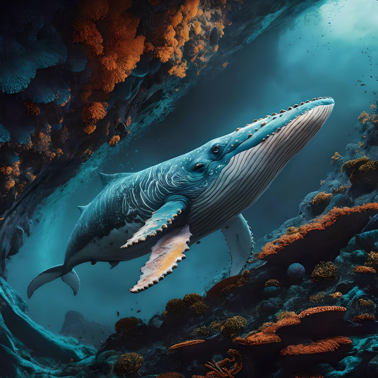 Majestic Whale Swimming in Vibrant Coral Reef