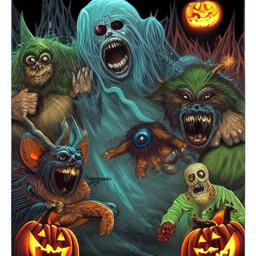 Halloween Creatures Party in Comic Book Art Style