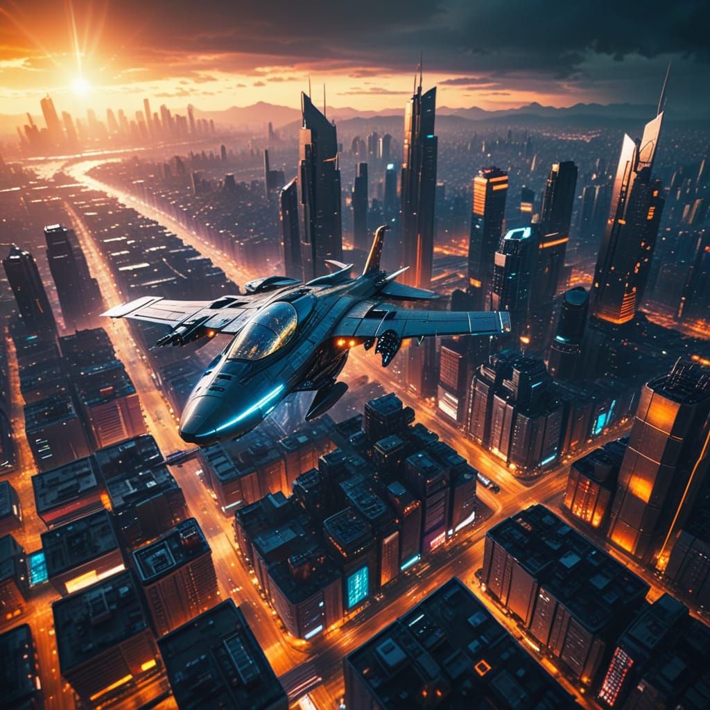 Cyberpunk Cityscape Aerial View at Golden Hour