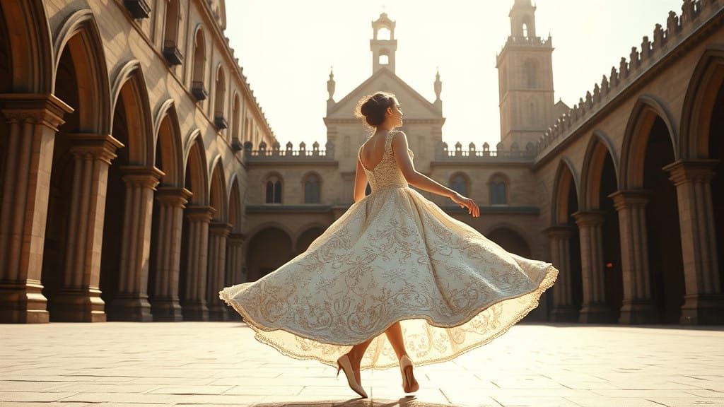 Elegant Woman Searches for Something Within Medieval Church
