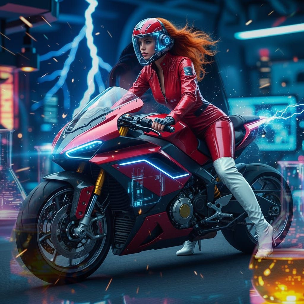Realistic Girl in Red Leathers on Motorbike