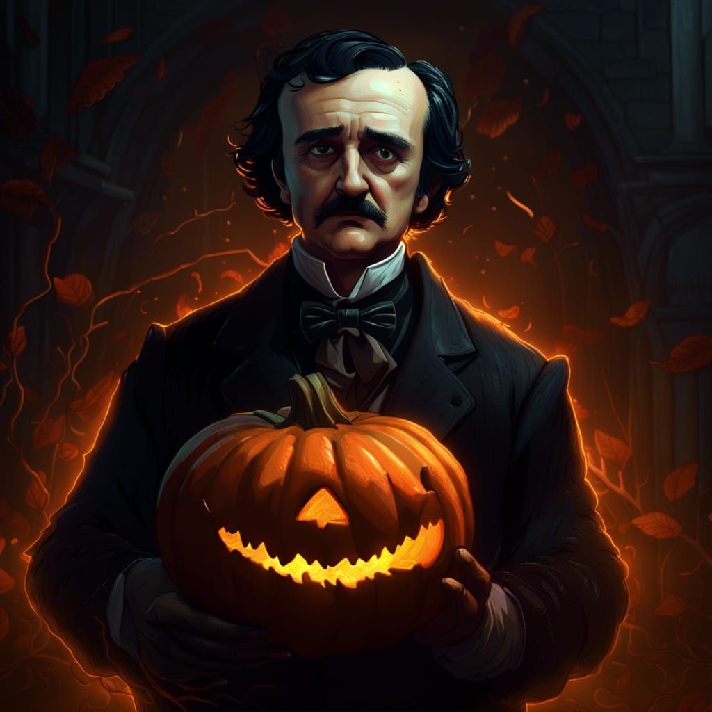 Edgar Allan Poe with Pumpkin, Dark Fantasy Art