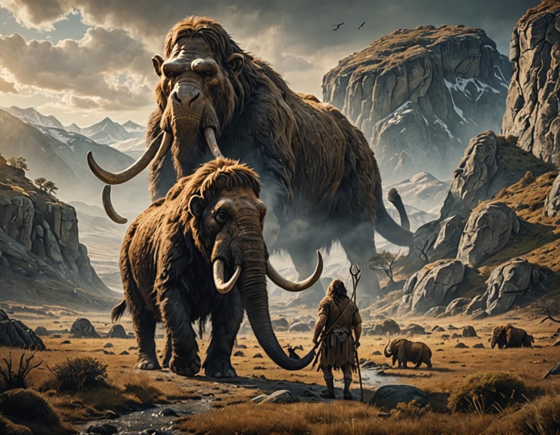 Neanderthal Hunter Pursues Mammoth on the Savannah