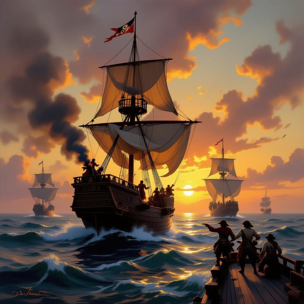 Pirate Ship Raid at Dawn in Dramatic Oil Painting Style