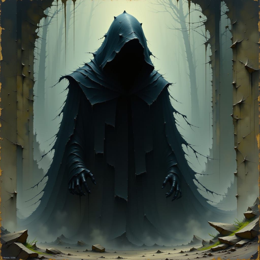 Ominous Hooded Figure in Dark Surrealist Style