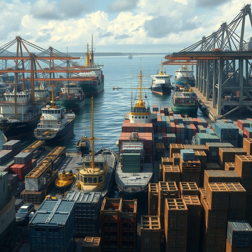 Busy Marine Port with Cargo Ships and Boats