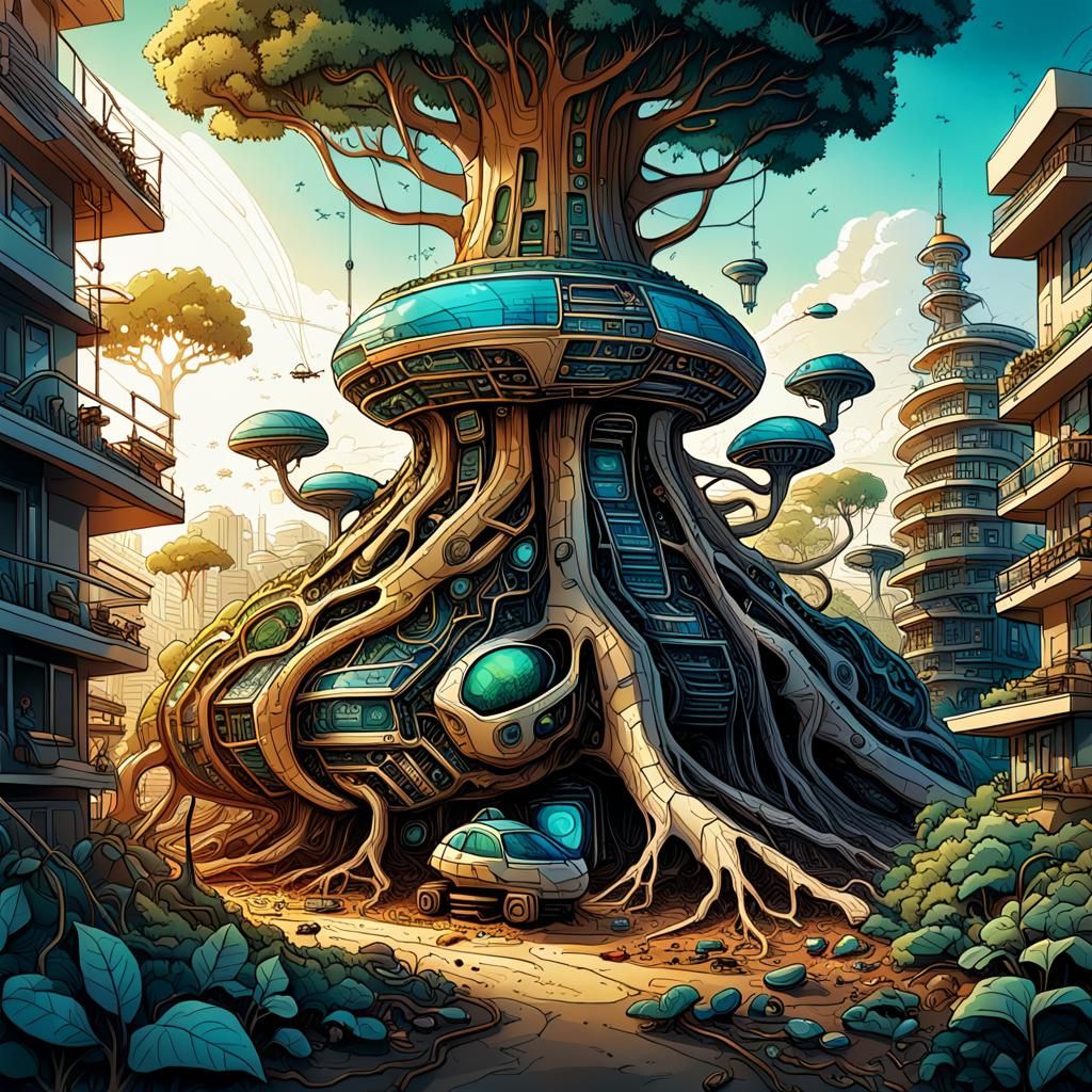 Tree Root Spaceship Construction: Biomechanical Sci-Fi Art