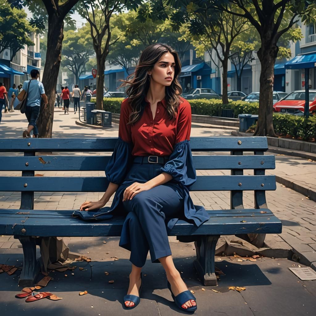 Woman on Park Bench in Detailed Matte Painting