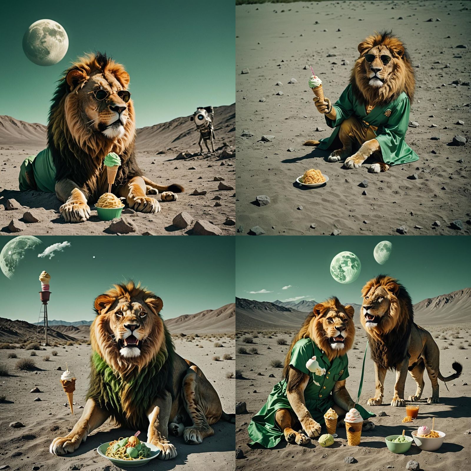 Lion in Green Dress Eating Spaghetti on the Moon