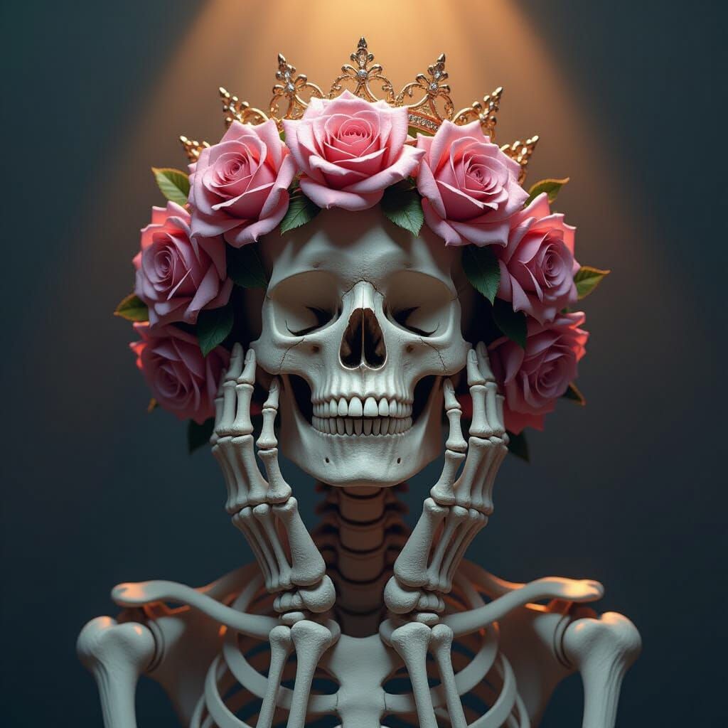 Skeleton in Rose Crown, Moody Photorealistic Studio Portrait