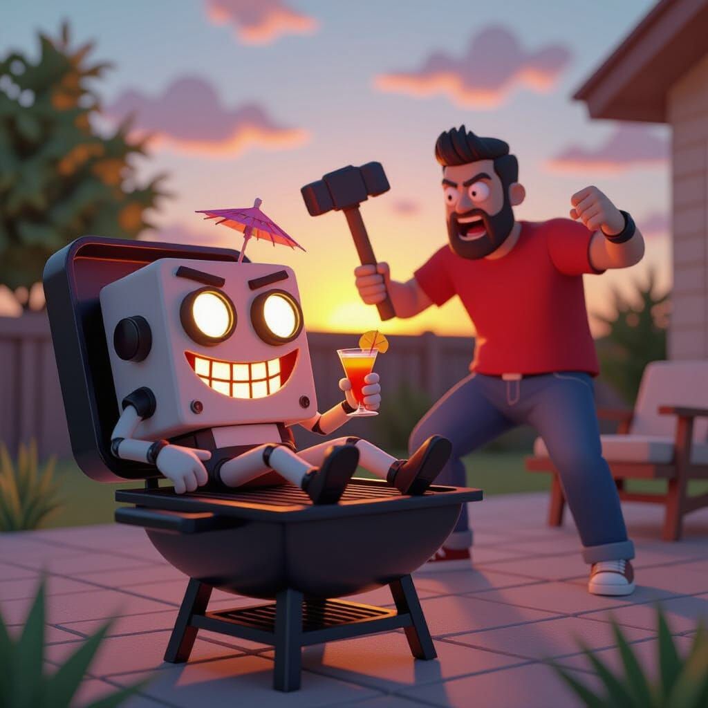 Low-Poly Capture Card Lounging on Grill with Sunset