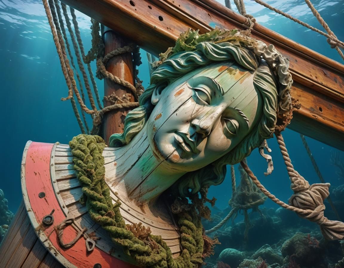Underwater Shipwreck Figurehead with Coral: Hyperrealistic A...