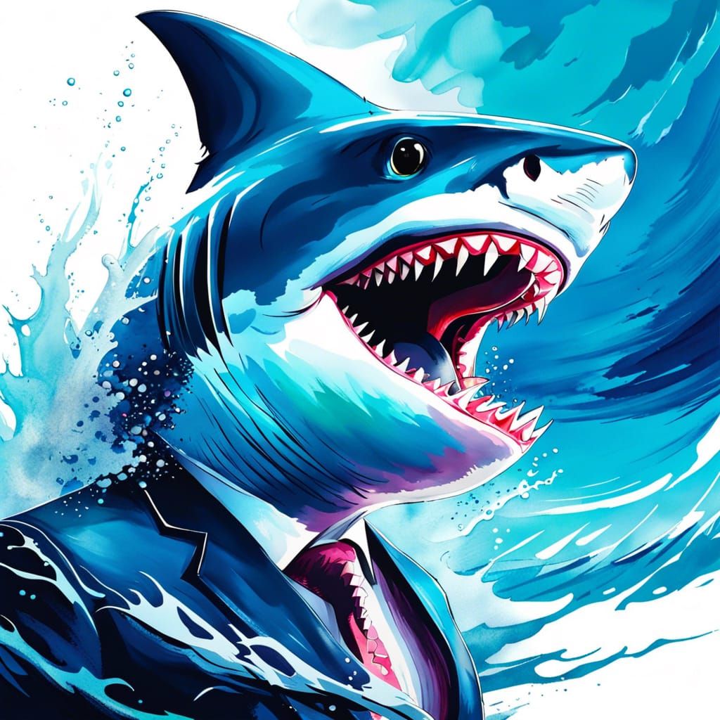 Aggressive Anime Shark in Watercolor Style