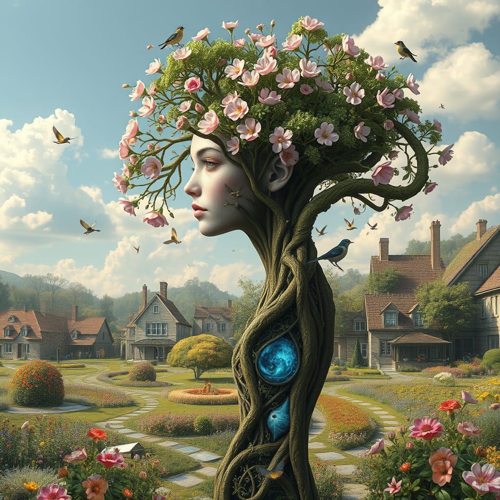 Surreal Tree Goddess Emerges in Whimsical Springtime Village