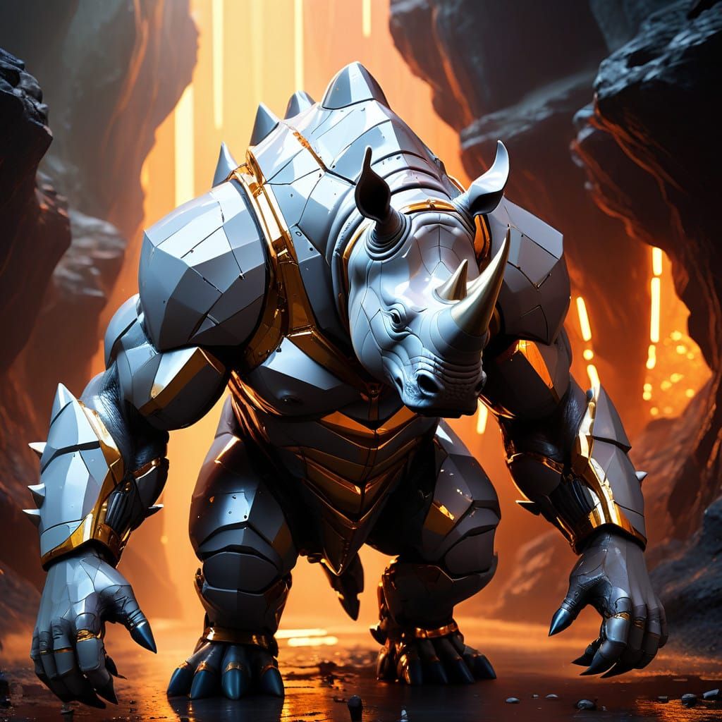 Cybernetic Rhino Warrior in Glowing Exosuit