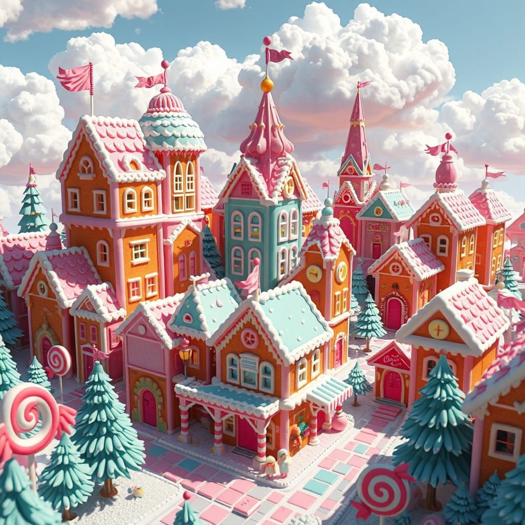 Whimsical Sugar-Coated Cityscape in Vibrant, Cel-Shaded Colo...