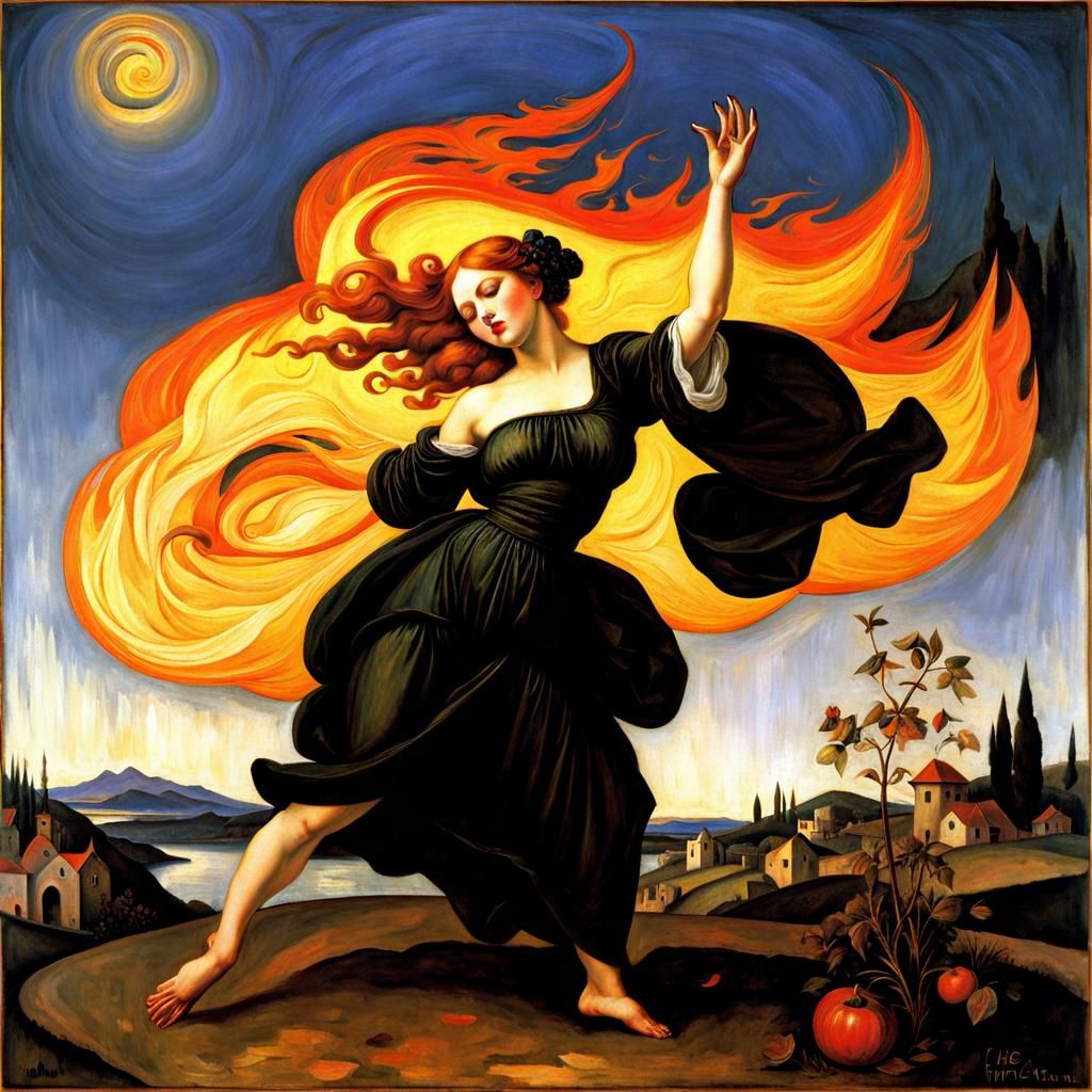 Witch Dancing Around Fire in Classical Style