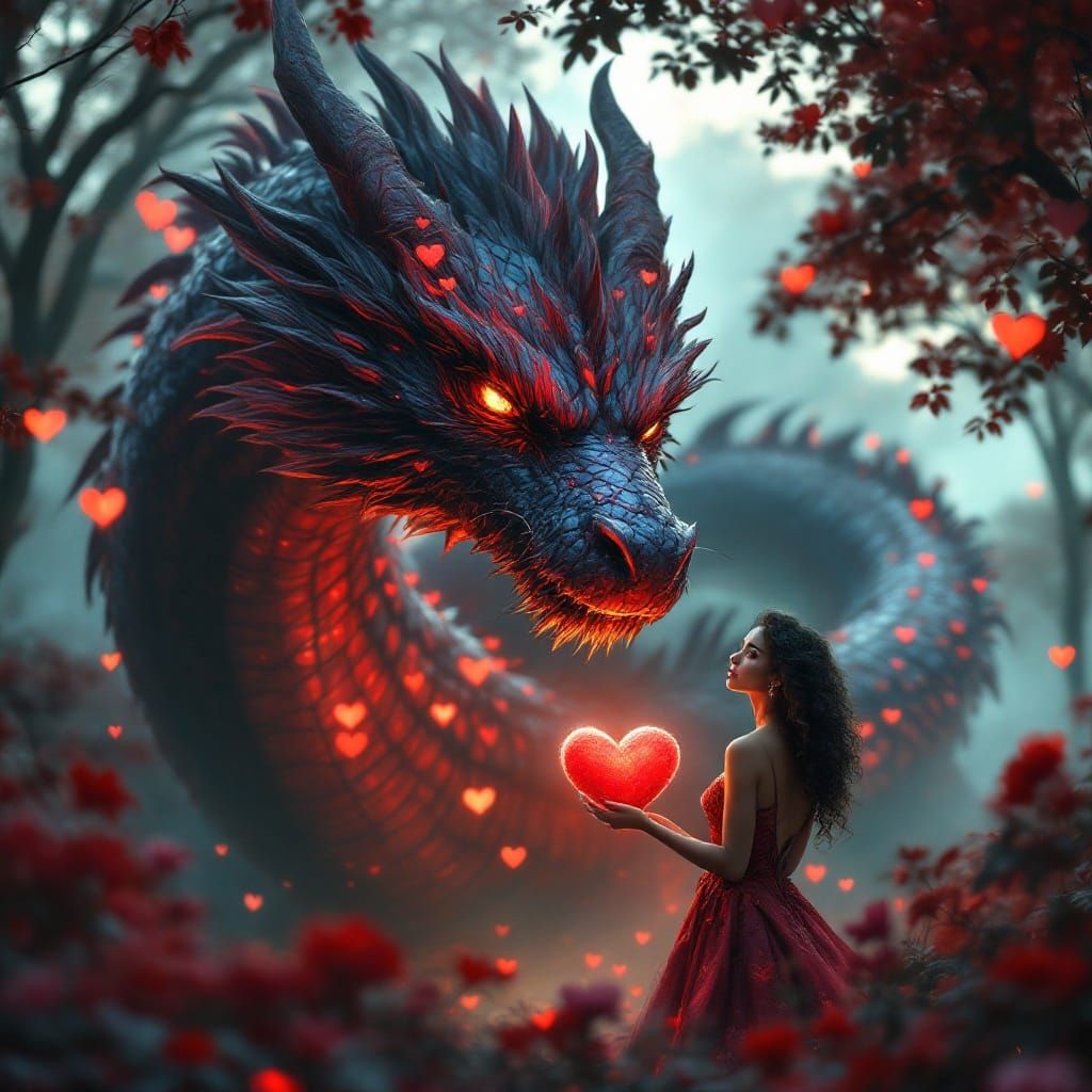 Majestic Latin Goddess Encircled by a Gentle Dragon in Valen...