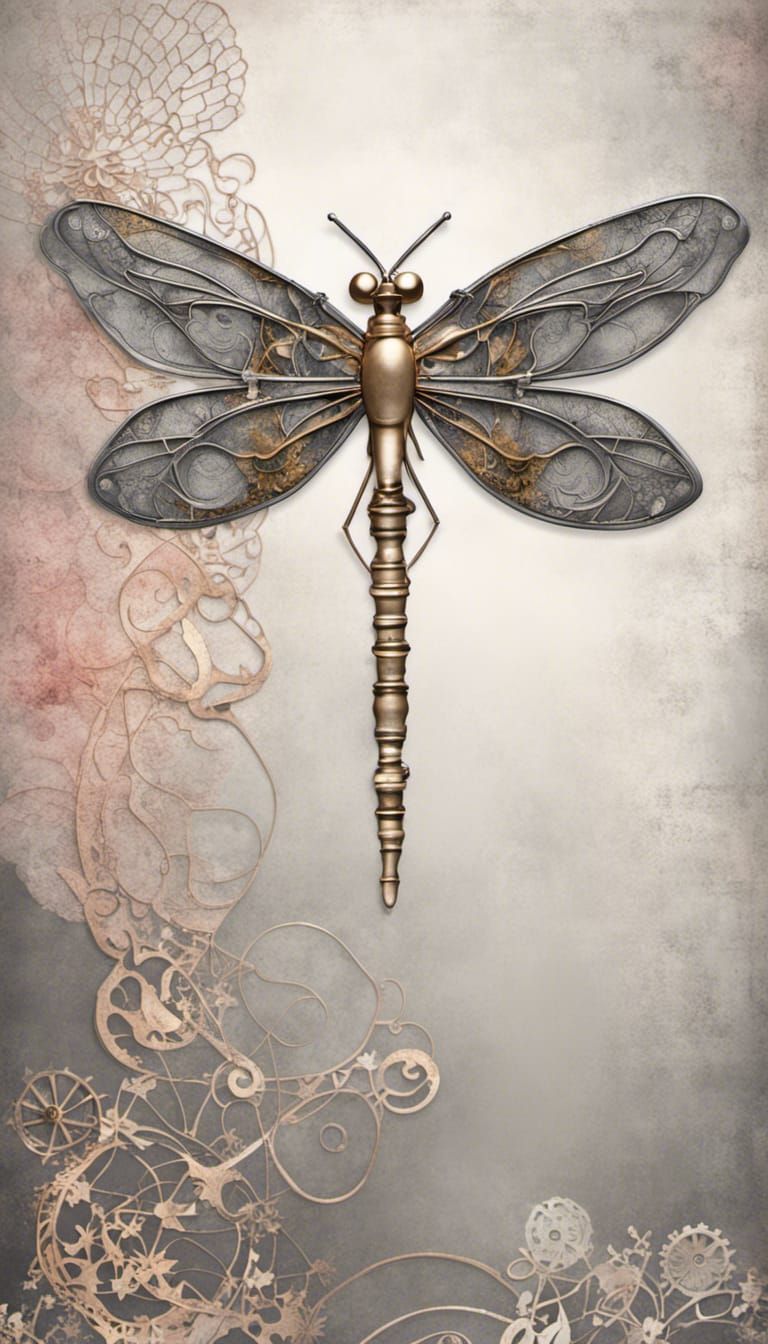 shabby white  lace on top of detailed steampunk dragonfly clear shiny rusty and dark gray shiny pink yellow metallic gol...