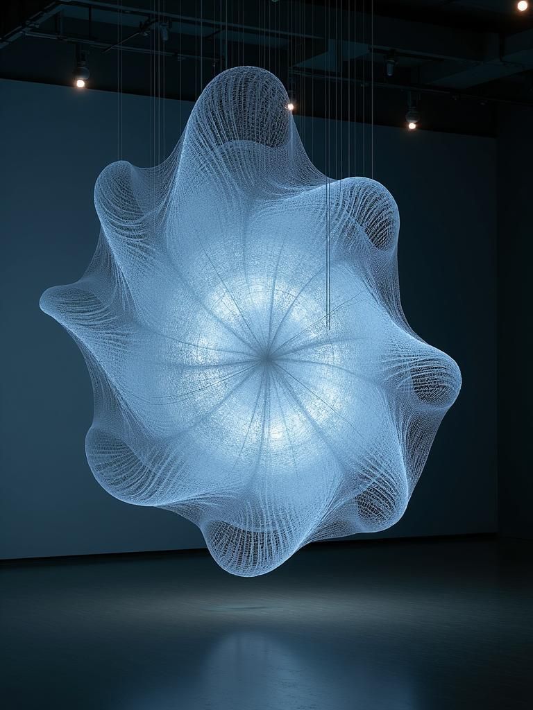 The sculpture, woven from discarded data streams and solidif...