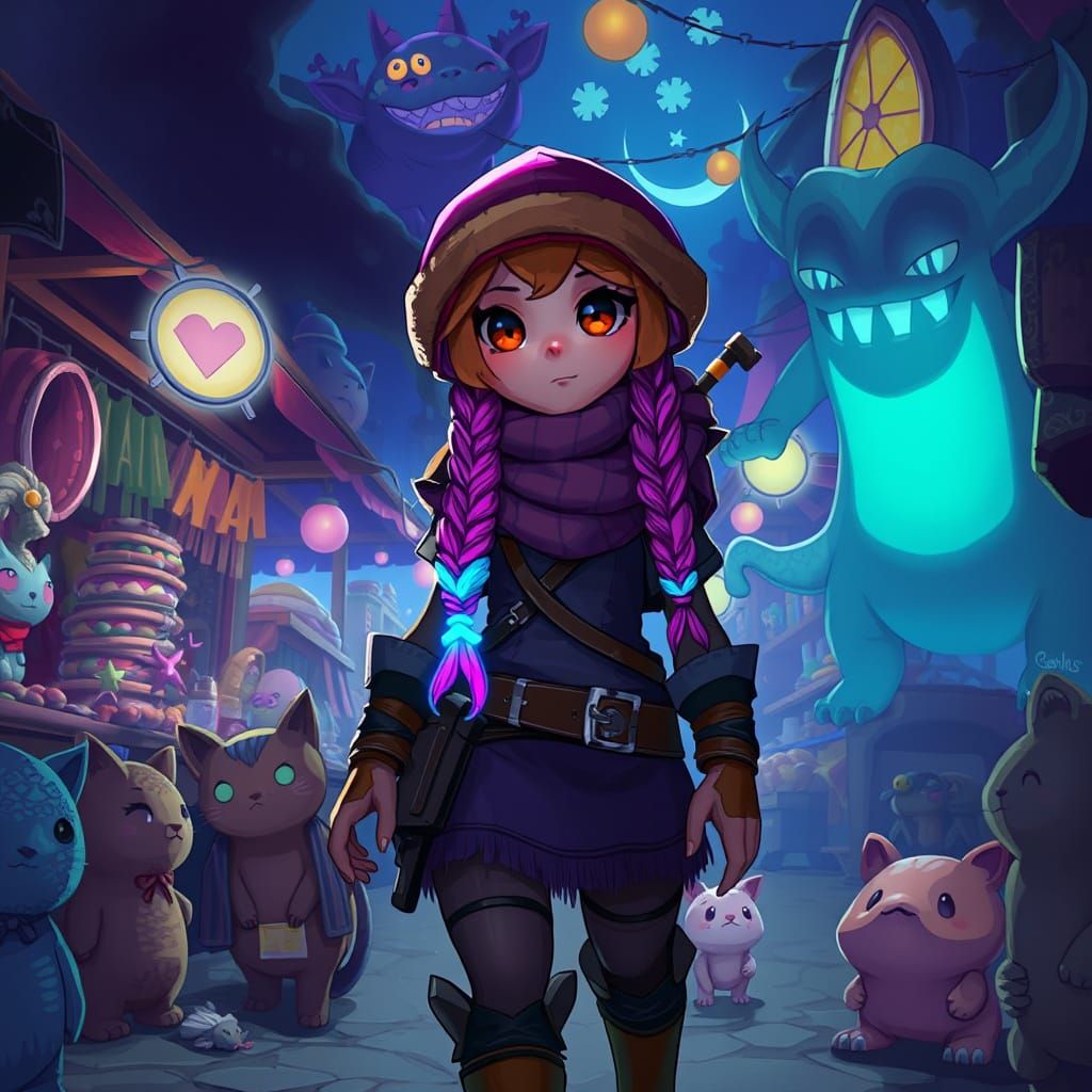 Slime Rancher in Nocturnal Market, Digital Painting