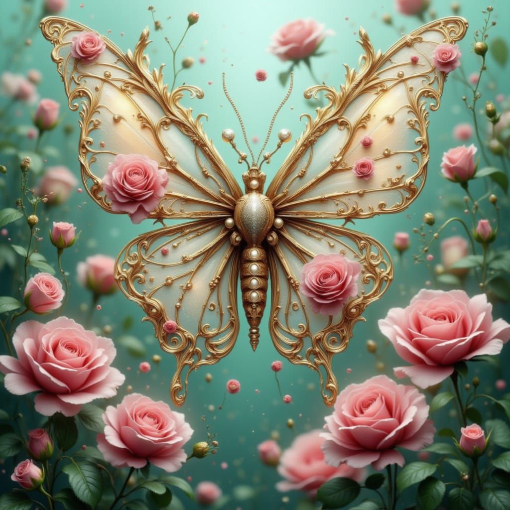 Elegant Butterfly with Pearl Wings in Surreal Garden