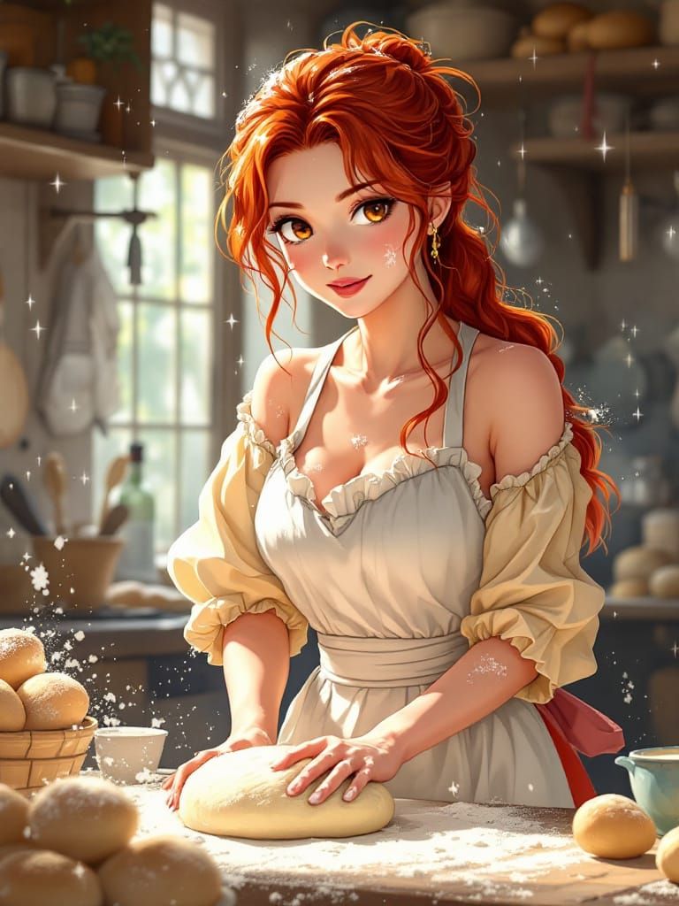 Redhead Baker Kneading Dough in 1500s Kitchen